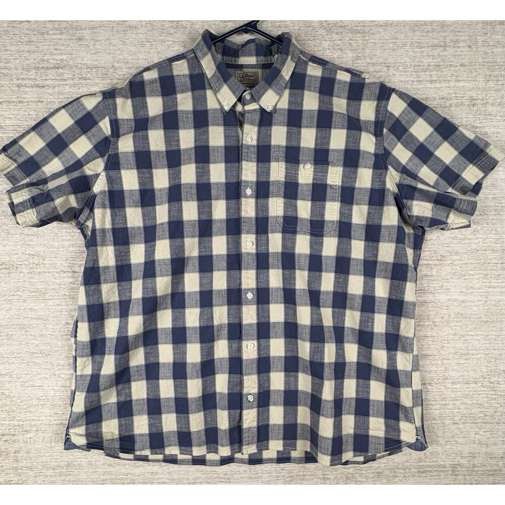 LL Bean Chambray Shirt Mens XXL Blue Plaid Comfort Stretch Short Sleeve